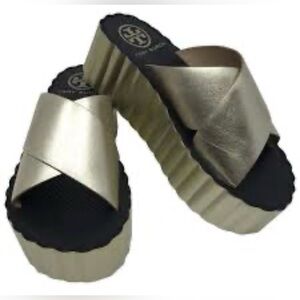 Tory Burch Scallop Wedge Platform Slide Sandals in metallic gold